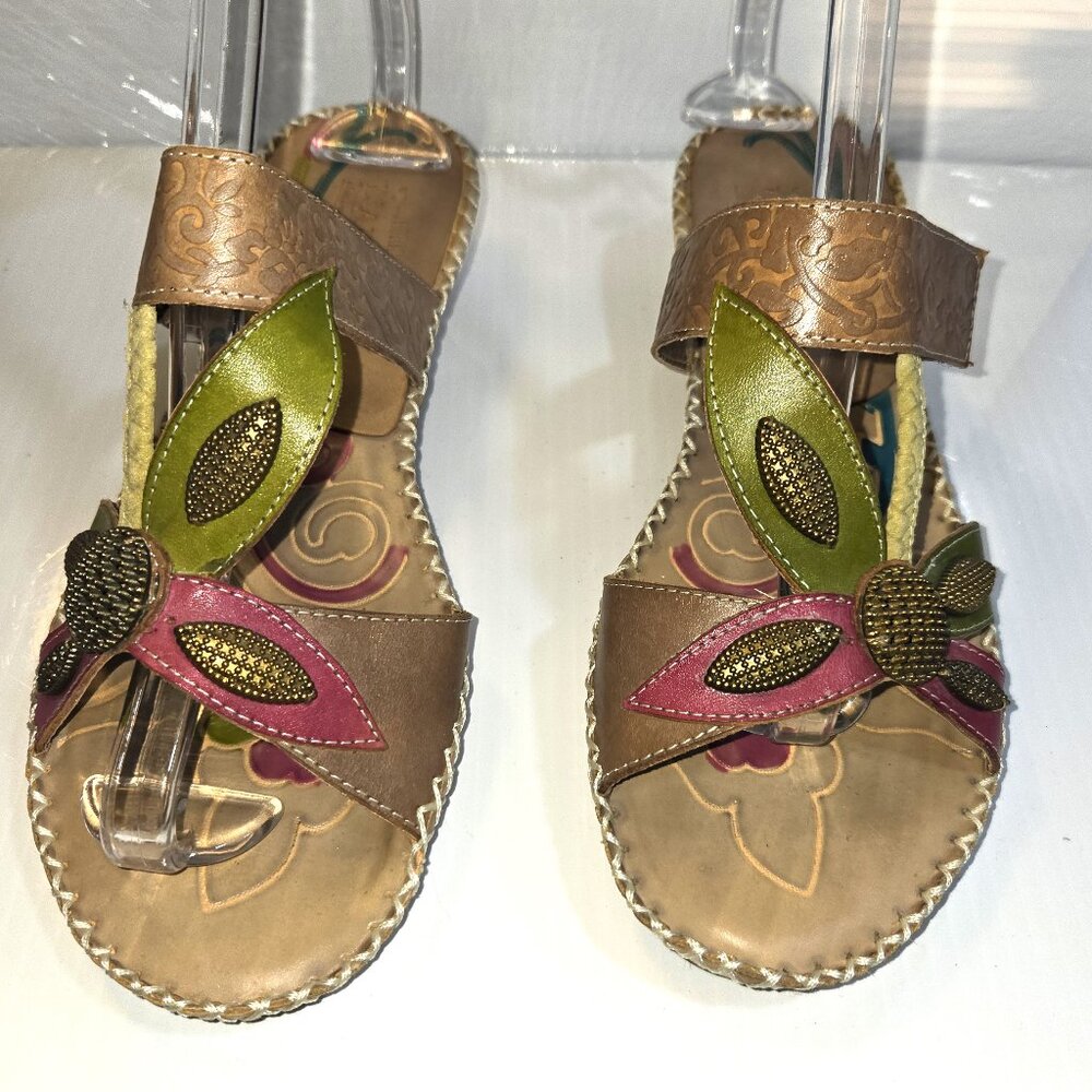 Spring Step L'Artiste Hand Painted Flowers Women's Leather Sandals Size 7 EU38